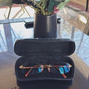 CHANEL Rimless Sunglasses in Gold and Tortoiseshell with Blue Reflective Lenses